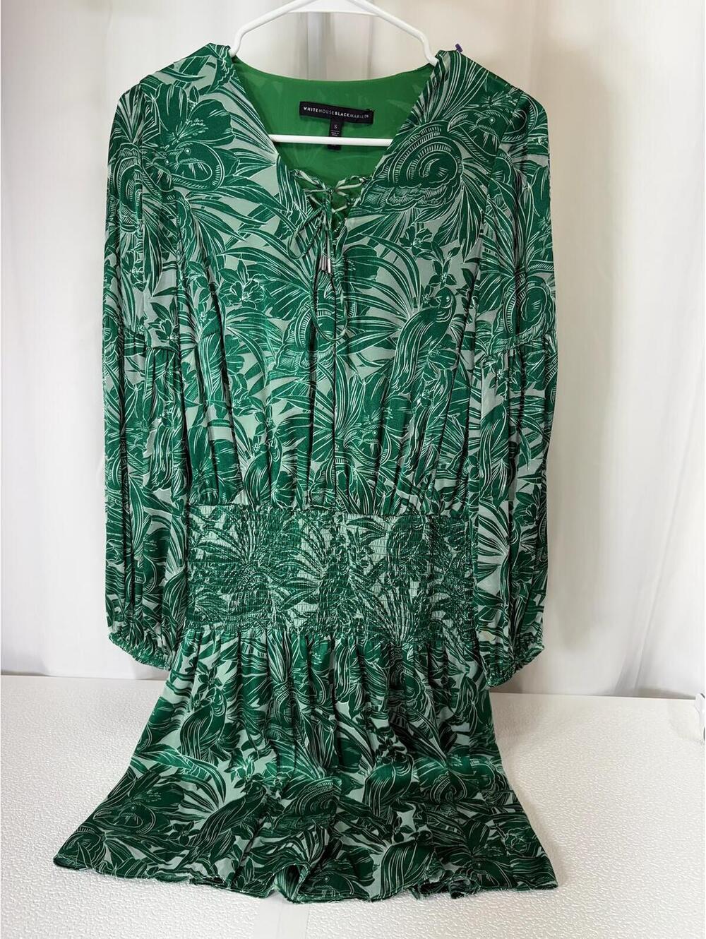 White House Black Market Green Tropical Leaf Print Long Sleeve Dress Size S 2846